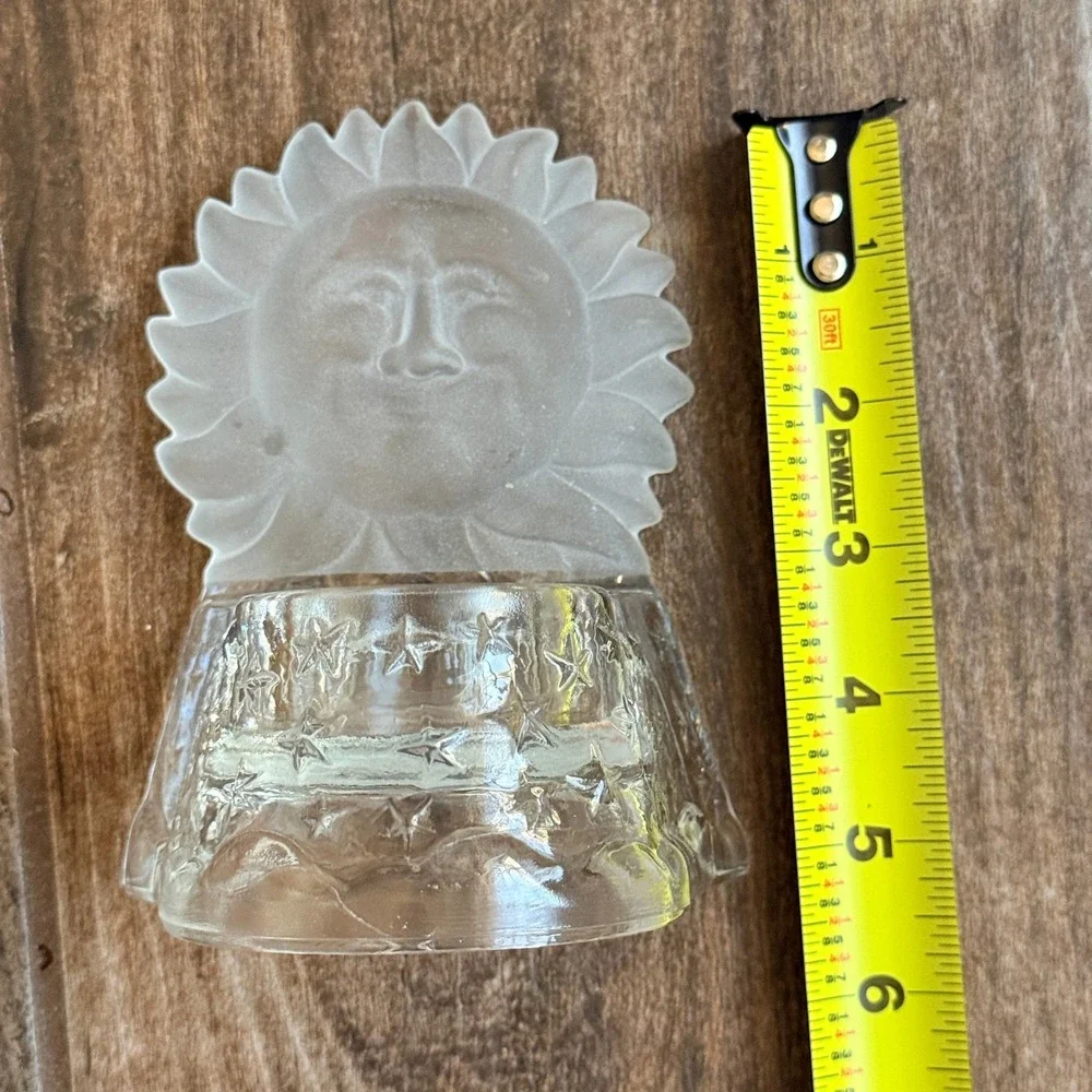 Vintage 90's Whimsy Frosted Celestial Sun Face & Stars Glass Tea Light Holder